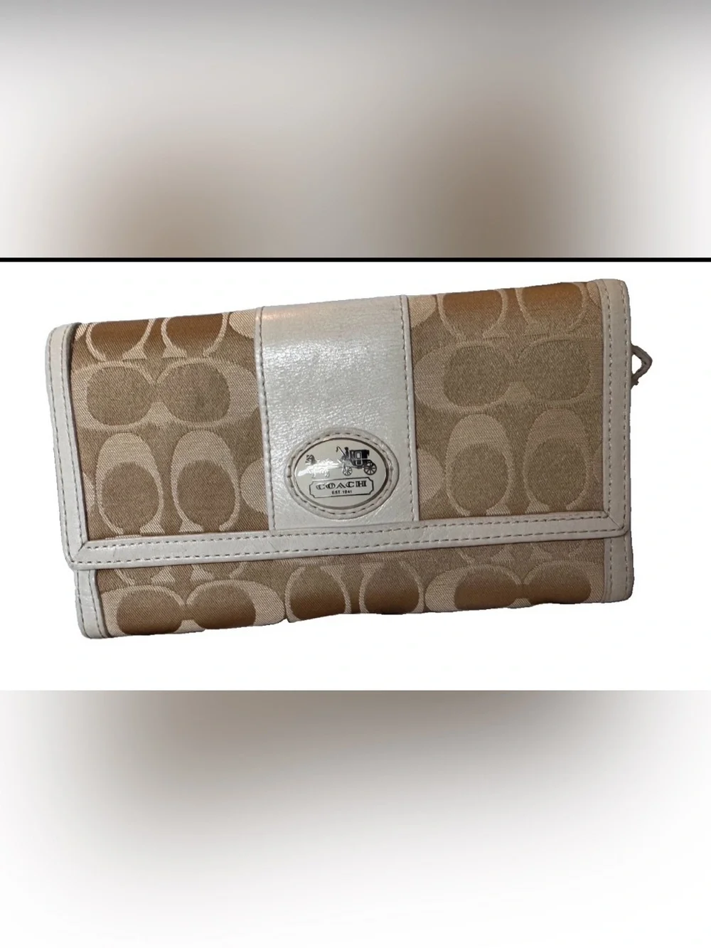 Coach Beige Signature Canvas Wallet with White Trim and Logo Plaque